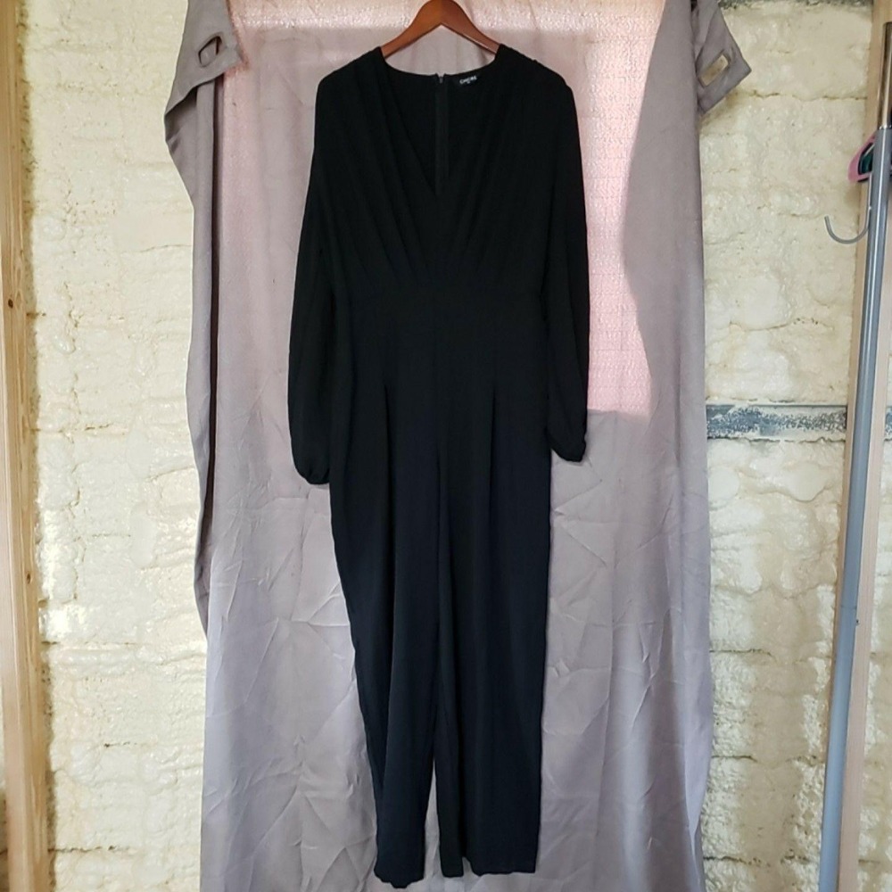 ChicMe Jumpsuit Womens XL Black Long Sleeve V Neck Pleated Zip Casual One Piece